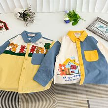 外贸日系童装24秋季新款男女童翻领拼接衬衫宽松卡通儿童上衣5057