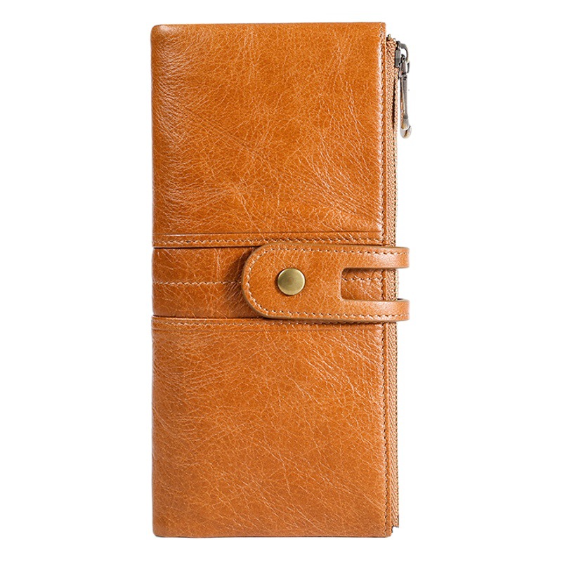 Cartera larga de cuero de aceite europeo y americano para hombres y mujeres con blindaje RFID cepillo antirrobo billetera de cuero genuino billetera de cuero de vaca monedero de múltiples tarjetas