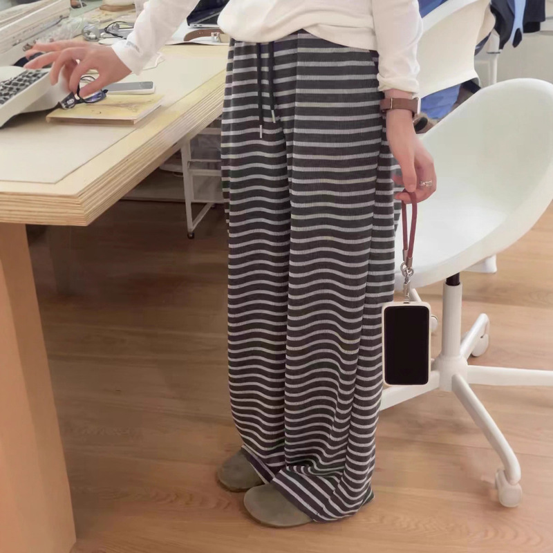 2025 Lazy Style Striped Knit Casual Pants for Women Early Autumn Thin Elastic Waist Slimming Wide-Leg Long Pants Dark Gray Striped Cotton