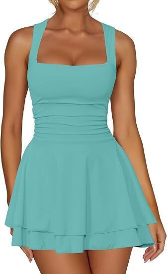 2025 ヨーロッパとアメリカの貿易クロスボーダー婦人服アマゾン人気のスクエアネックウエストプリーツ裾ミニショートドレス|undefined