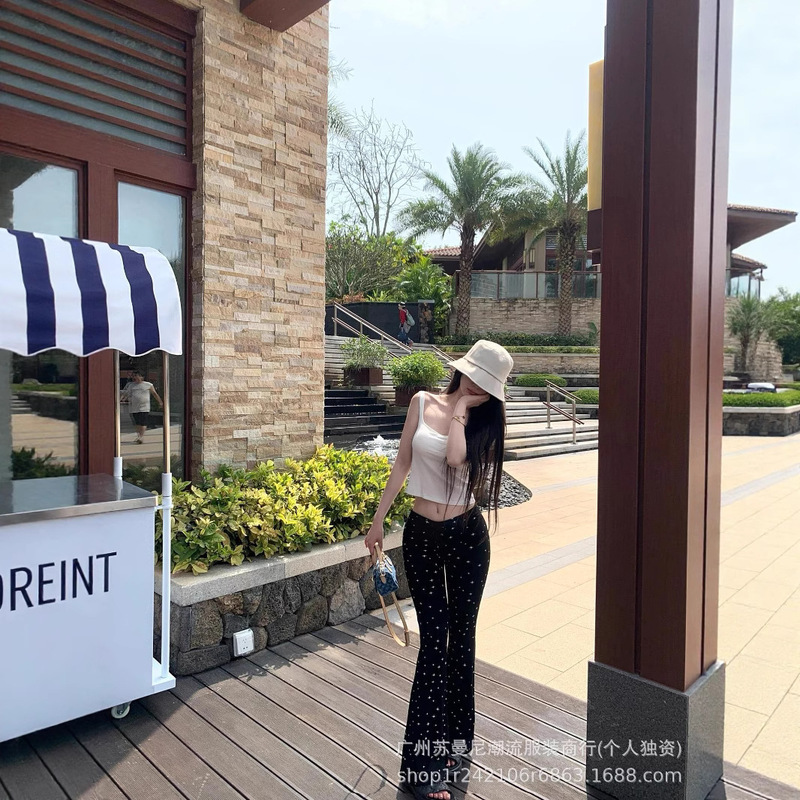 Skims Drawstring Pleated All-Over Star Print Long Pants for Women, Slimming Flared Casual Pants That Make Legs Look Longer and Stylish