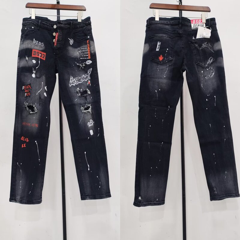 European-Style Light Luxury Distressed Ripped Patch Jeans for Men, Trendy Brand, Autumn and Winter Slim-Fit Youth Skinny Men's Long Pants