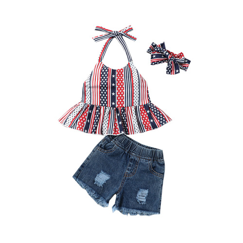 Amazon Kids' Striped Belted Top + Denim Frayed Shorts 4th of July Set