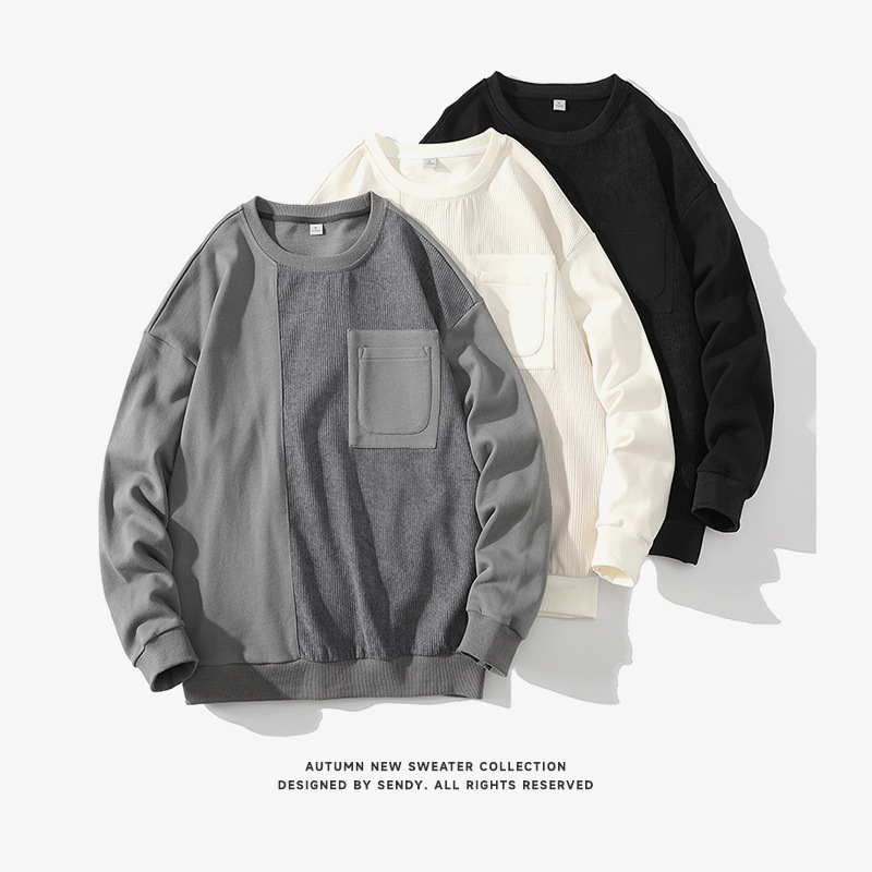 일본식 흰색 배경의 2025년 봄 신상 남성용 스웨트셔츠, 다용도 젊고 멋진 긴팔 티셔츠, 라운드넥 스웨트셔츠