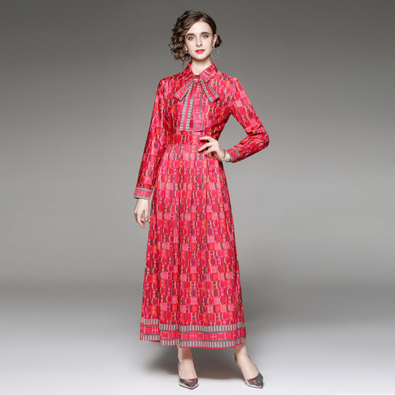 7100 Real Shot Spring & Fall New Women's Clothing Retro Fashion Waist Slimming Look Printed Long Skirt Dress