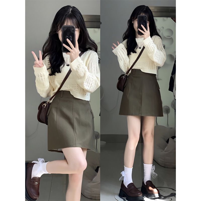 봄과 가을 소금 작은 하이 엔드 여성의 우아한 느슨한 니트 선 스크린 탑 짧은 치마 스파이스 걸스 올 매치 여성