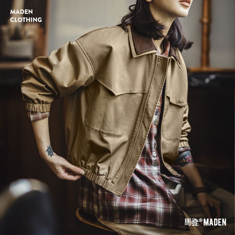 Madden Retro Barn-Style Corduroy Color-Blocked Lapel Short Waist-Cinched Work Jacket American High School Style Women's Spring Coat