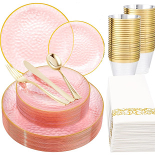 Plastic Tableware Pink Phnom Penh Satin Plate Transparent Gold Plate Hammered Plate Dessert Plate Cup Knife and Fork Spoon Napkin