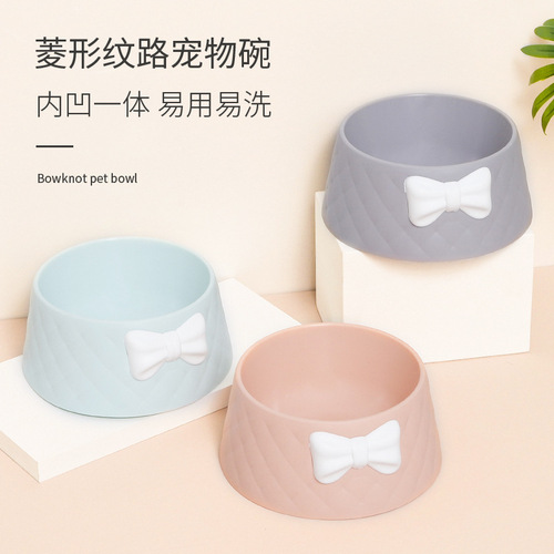 Pet Bowl Macaron Color New Style Bow Diamond Pattern Cat Bowl Deepening Leak-proof Dog Food Tableware Wholesale