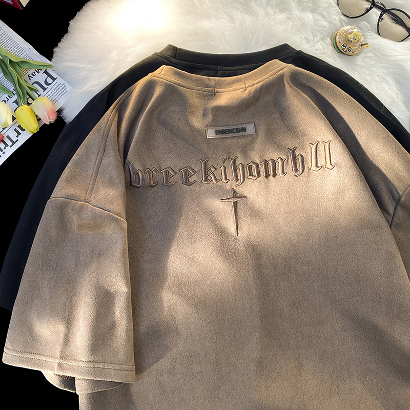 麂皮绒短袖t恤男夏季新款潮牌美式复古青少年重磅宽松半袖体恤衫