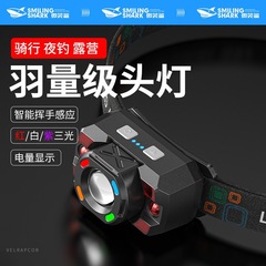挥手感应带电显头灯伸缩变焦三色光源头戴灯聚泛光USB充电照明灯