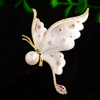Brooch for Women, Classy Enamel Butterfly Brooch, Pearl Fashion Suit Hat Accessories Insect Pin