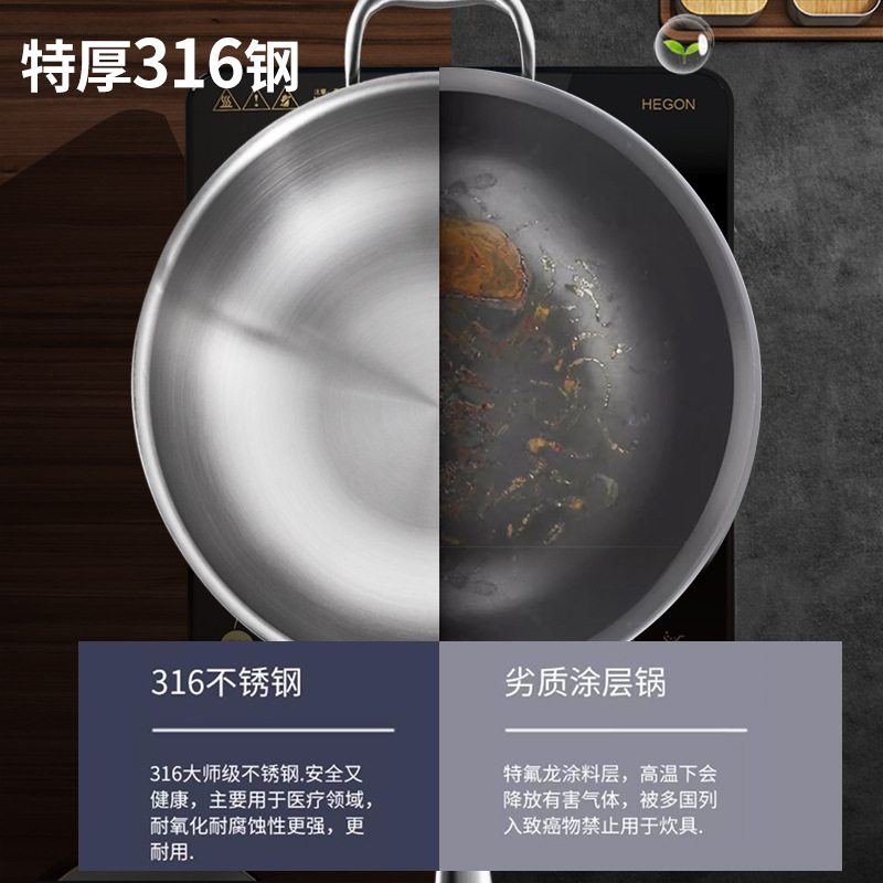 Alemán wok profundización 316 acero inoxidable no recubierto antiadherente pan hogar estufa de gas de fondo plano Cocina de Inducción WOK