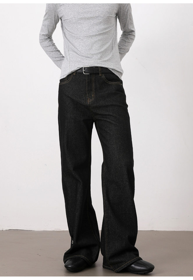Quần jeans nam ống loe nhẹ denim thô đen, cạp vừa, dáng cơ bản, dài quần — Denim đen chi tiết 12