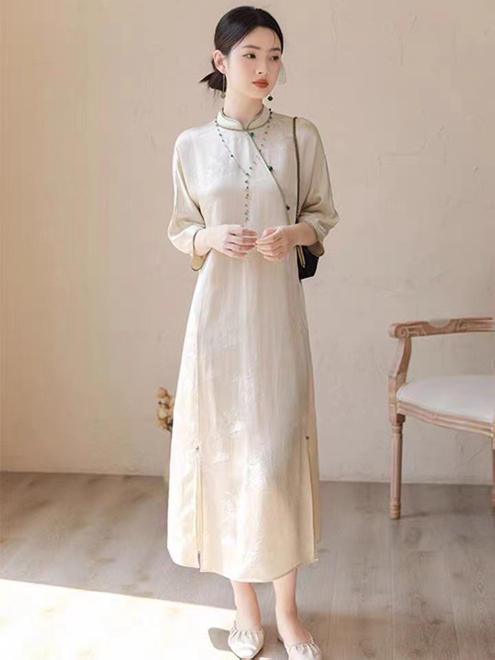 Đầm suông midi sườn xám cách tân cổ điển Trung Hoa dáng quả lê trắng — Váy liền màu trắng