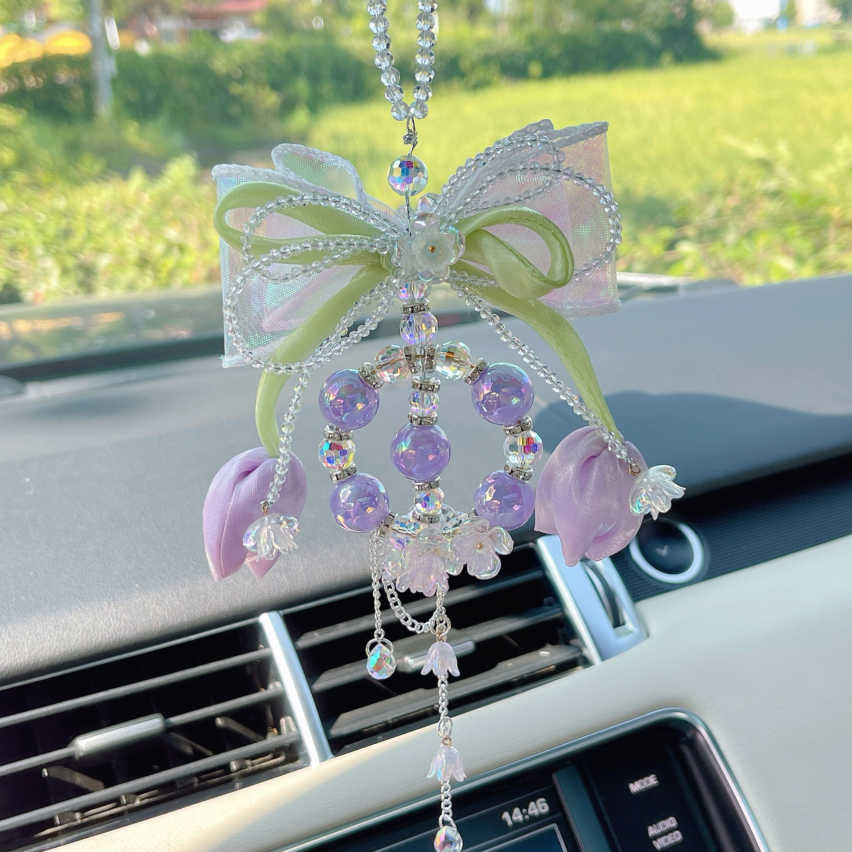 Tulip Bow Car Pendant Crystal Car Rearview Mirror Lily of the Valley Flower Pendant Fairy Car Decoration