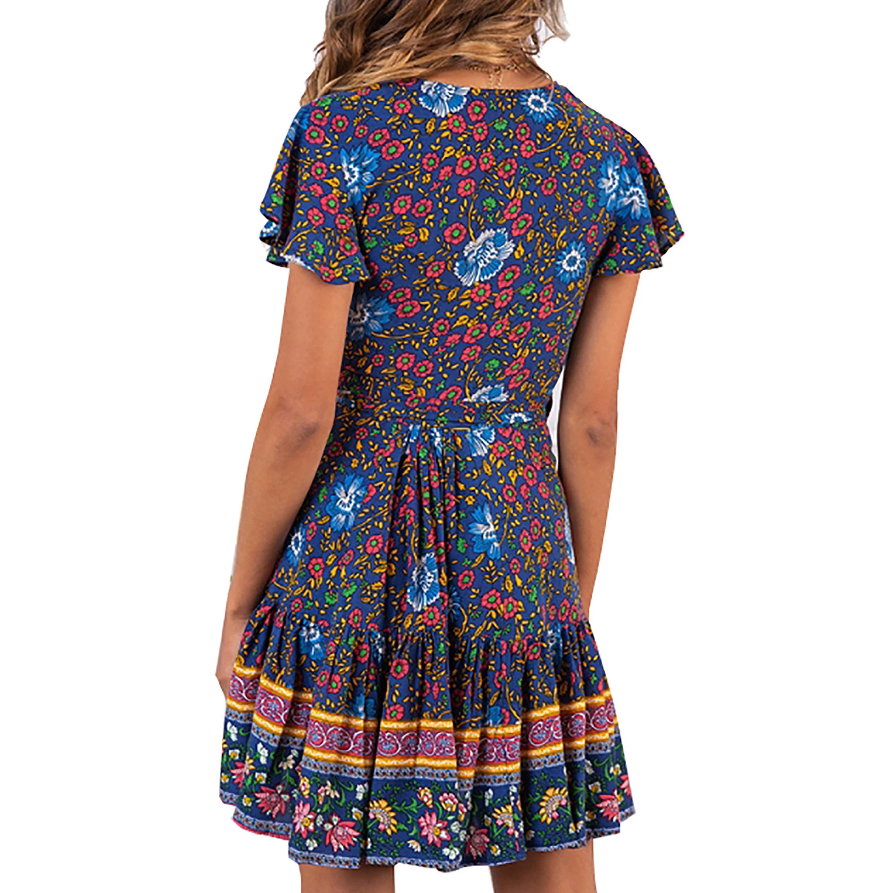 2026 Spring and Summer New European and American Women's Short Skirts, Amazon Ebay Hot-Selling Short-Sleeved V-Neck Printed Beach Dress