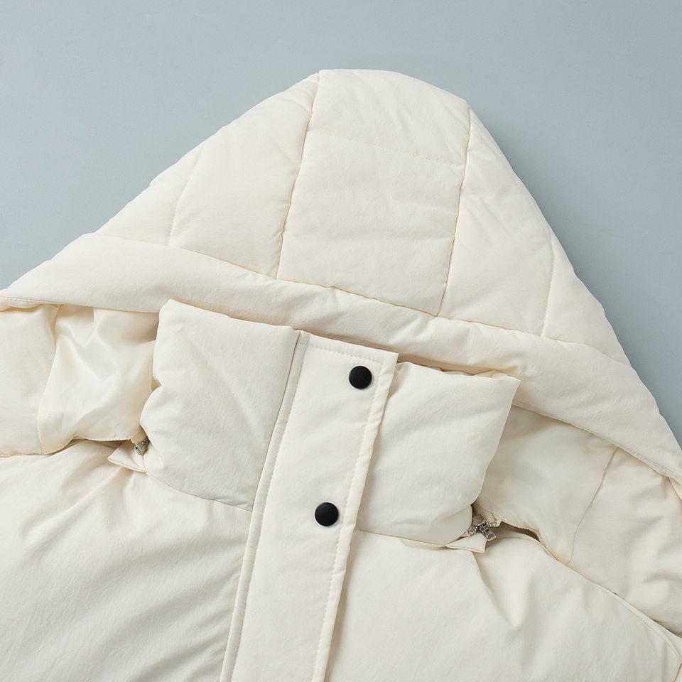 Áo khoác bông nữ có mũ, khóa kéo, thắt eo dáng ôm, dài trung bình, chất liệu polyester dày — màu nâu, màu đen, quả mơ chi tiết 10