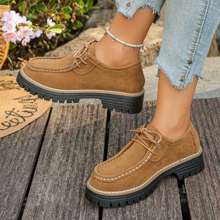 女士绒面系带厚底牛津鞋，复古风圆头撞色缝线休闲鞋