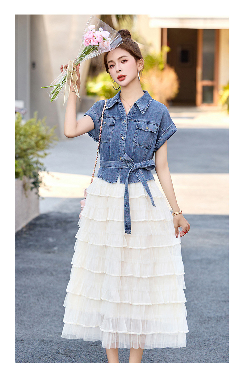 Váy liền denim tay ngắn thắt eo tôn dáng mới mùa hè 2025 YH2666 — Màu như hình chi tiết 11