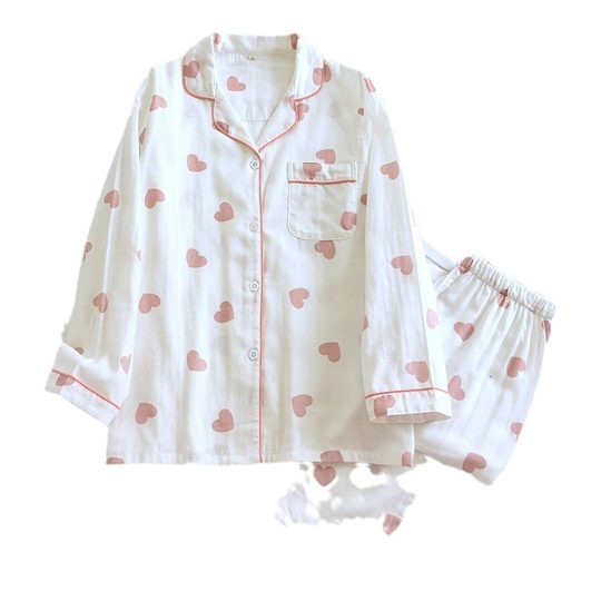 Korean style sweet spring and autumn cotton gauze pajamas women's thin cotton gauze home wear long sleeve trousers suit outer wear