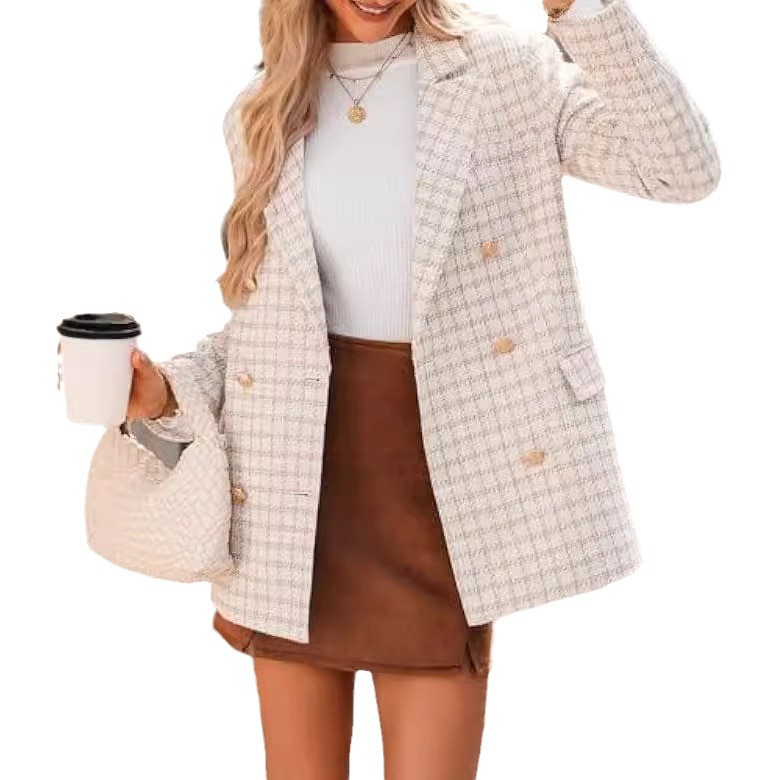 Cross-border Women's Tweed Blazer Casual Jacket Long-sleeve Double-breasted Front-open Plaid Workwear_voghion.com