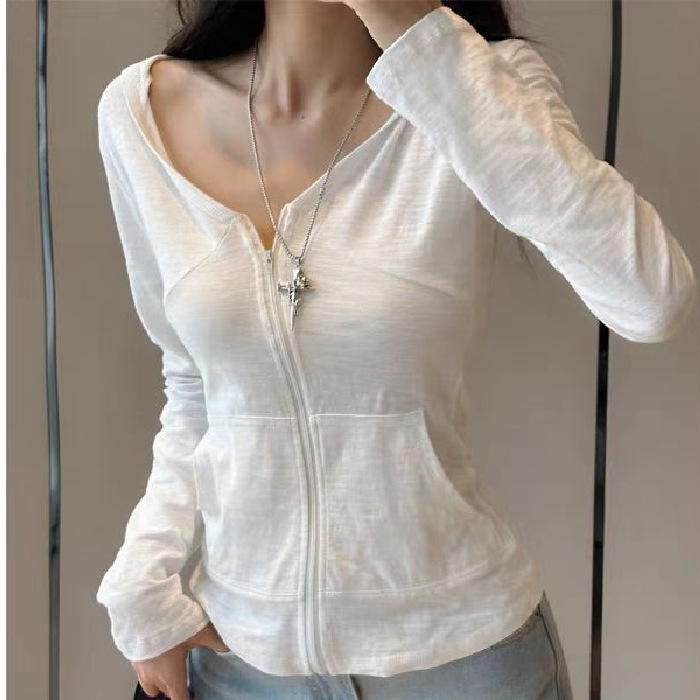 [Original Guangzhou Fabric] Hooded Zipper White Sun Protection Long-Sleeved T-Shirt Women's Versatile Cardigan Top Jacket