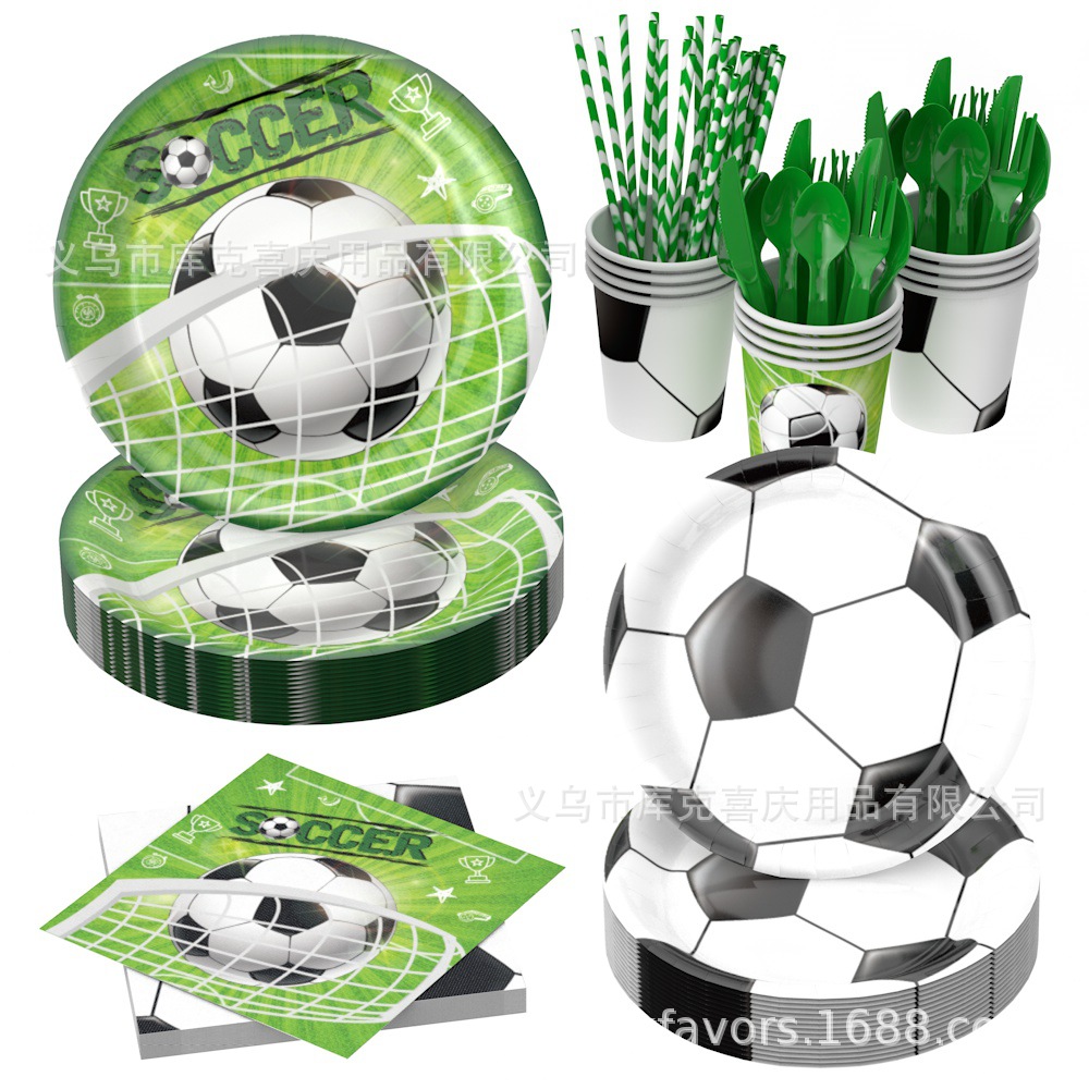 Nueva Copa del Mundo de Fútbol Fiesta Decoración Cumpleaños Niños Plato de papel desechable Taza de papel Toallas Set de cubiertos
