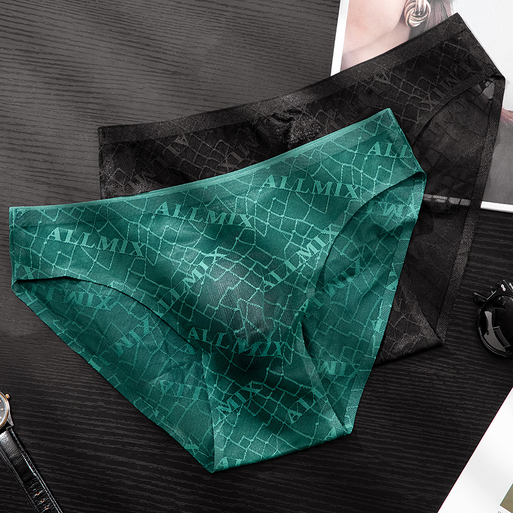 2025 New Cross-Border Export Men's Underwear Breathable Letter Lace Transparent Mid-Low Waist Sexy Briefs