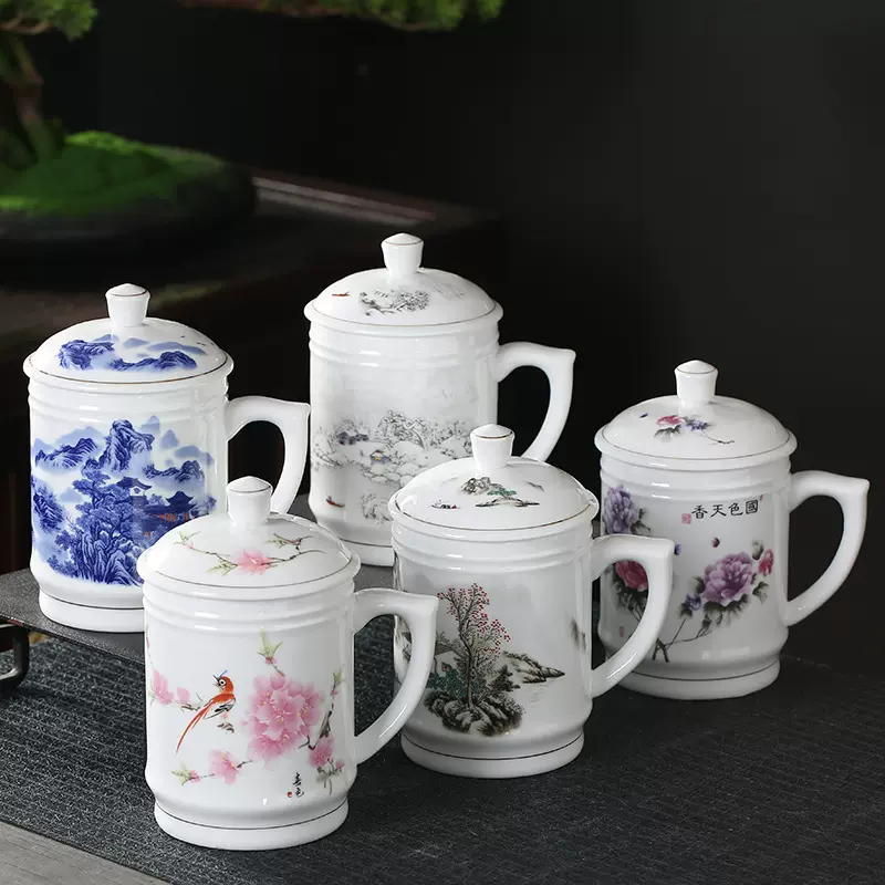 厂家供应家用陶瓷办公杯 带把带盖大容量马克杯 薄坯茶杯水杯批发