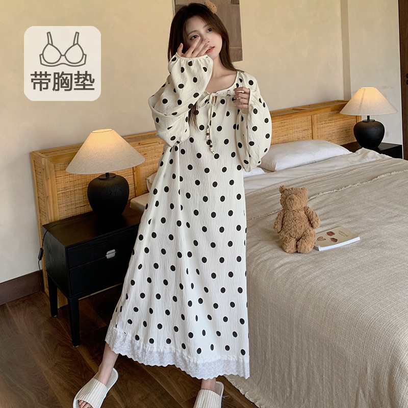 公主风睡裙女带胸垫春秋季甜美宽松云朵棉大码睡衣裙家居服可外穿|undefined