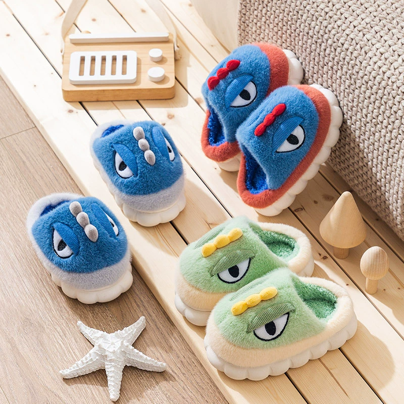 Мультяшные динозавры хлопковые тапочки зимние дети взрослые родители мягкие подошвы комнатные плюшевые теплые хлопчатобумажные туфли