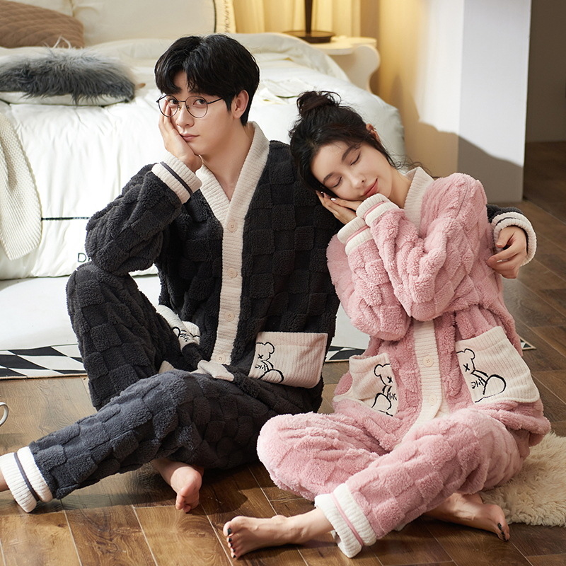 Pareja Pijamas Mujer Otoño e Invierno franela hombres engrosada forro polar lindo dulce ropa de abrigo homewear traje