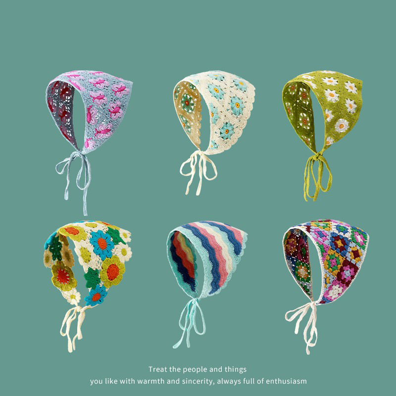 Francés vintage turbante mujer turbante triángulo de dopamina viaje dulce encantador gancho flores estilo de arte de punto de moda correa de pelo