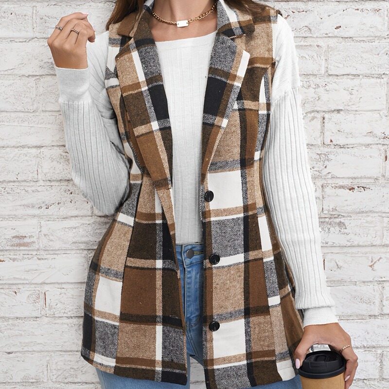 Amazon spring, autumn and winter cross-border Women's top European and American fashion women's lapel suit vest plaid coat