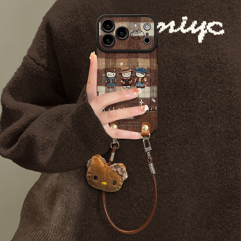 Retro cat-themed phone strap, suitable for Apple 18 Pro Max phone cases, iPhone 15 silicone case, 16 autumn/winter collection, 17 Maillard style