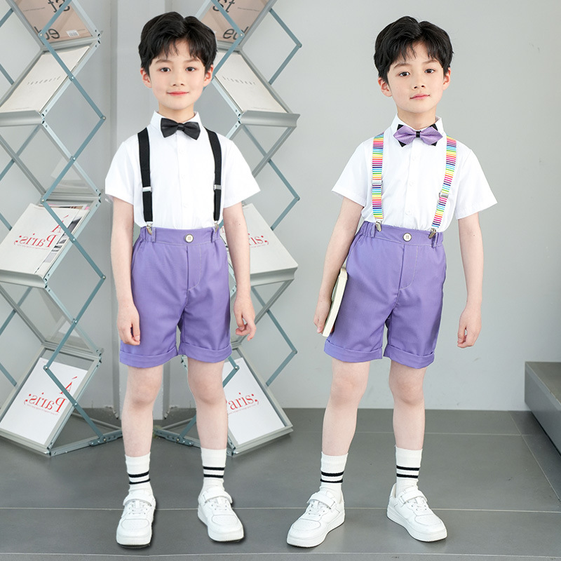 Children's performance suit for boys, summer purple belted pants set, college choir speech piano graduation performance