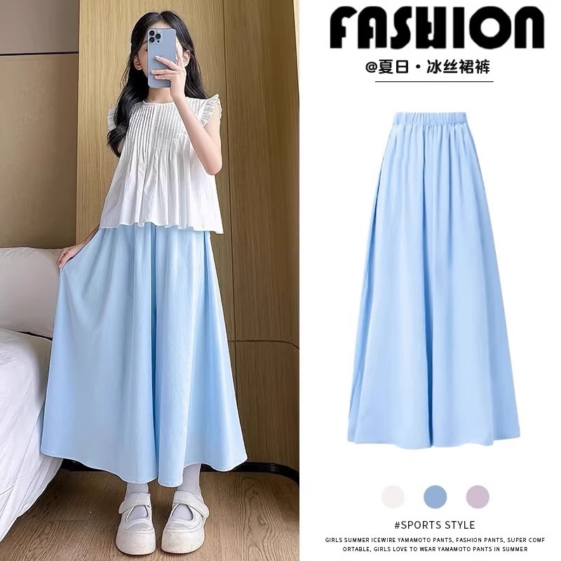 Girls' Skirt Pants, Thin Ice Silk, New Summer Style, High-Waisted, Stylish Wide-Leg Pants, Loose Fit, Slimming and Trendy