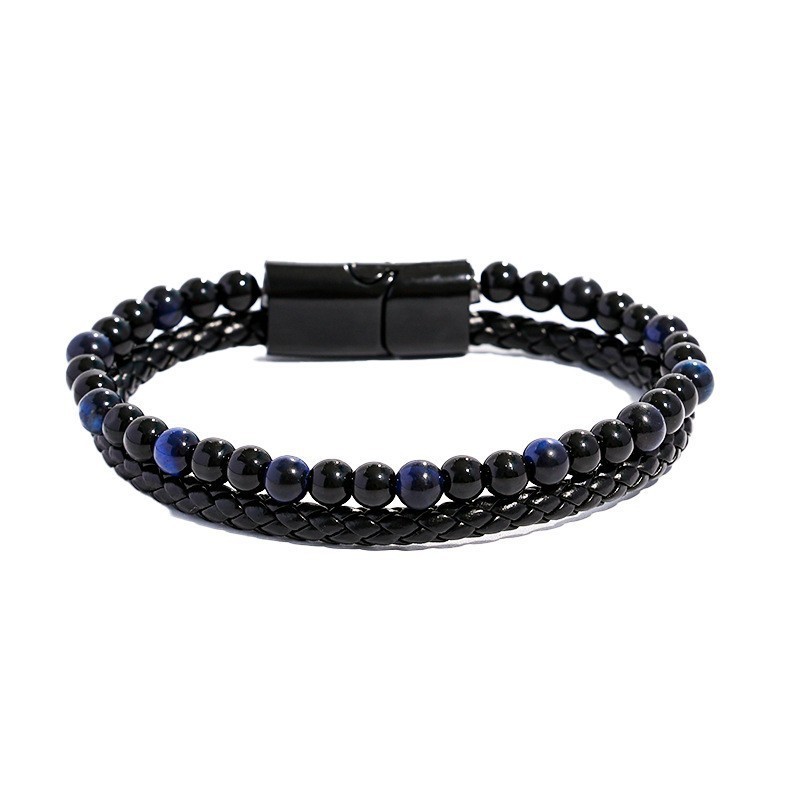 Longhe nuevos hombres europeos y americanos de aleación de cuero cuerda pulsera de piedra natural doble piedra de ojo de tigre piedra volcánica pulsera de cuentas