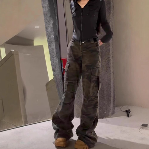 American-style spicy girl designed pocket camouflage work pants for women, spring high-waisted loose casual long pants
