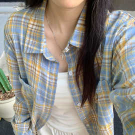 复古韩系美式格子衬衫2025外套新款宽松慵懒长袖衬衣上衣潮流