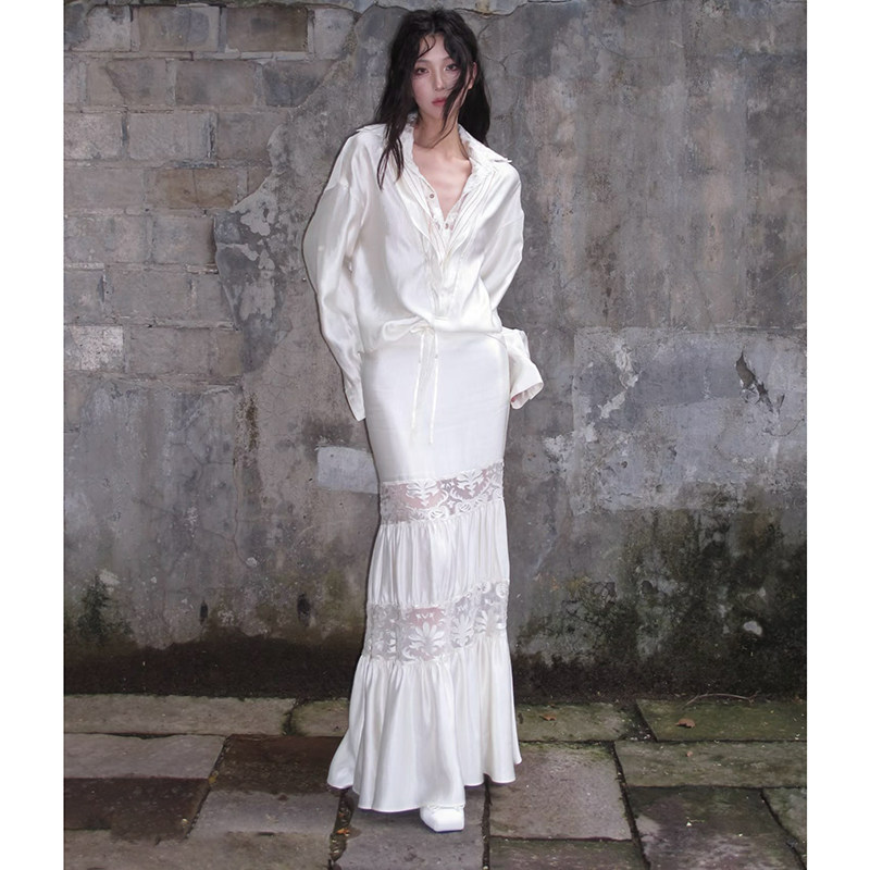 In-Stock French-Style Light Luxury Multi-Layered Pleated Loose Shirt with Lace Slightly Sheer Fishtail Skirt Long Satin Set