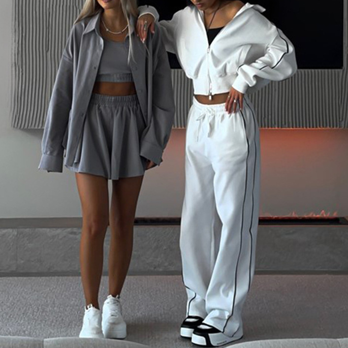 Cross-Border Casual Fashion European And American Style Women's Zipper Cardigan Jacket Sports Drawstring Pants_ecoleips.com