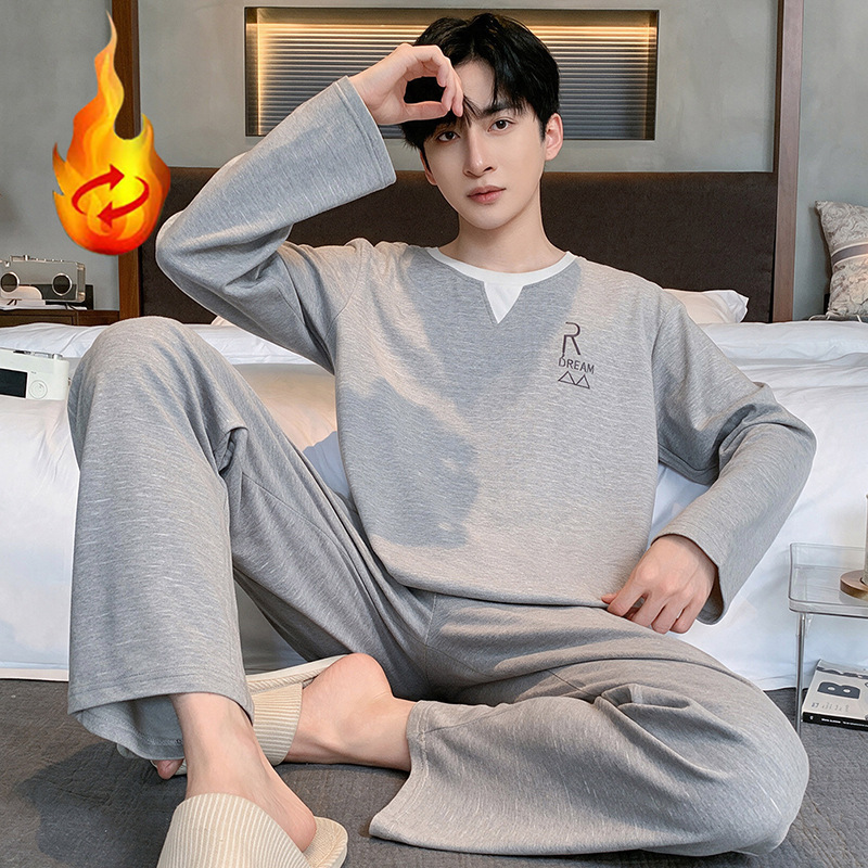 Cashmere and silk pajamas, long-sleeved, men's winter thermal loungewear, thickened for warmth, casual and simple style, suitable for young adults, can be worn as outerwear Cashmere and silk pajamas, long-sleeved, men's winter thermal loungewear, thickened for warmth, casual and simple style, suitable for young adults, can be worn as outerwear