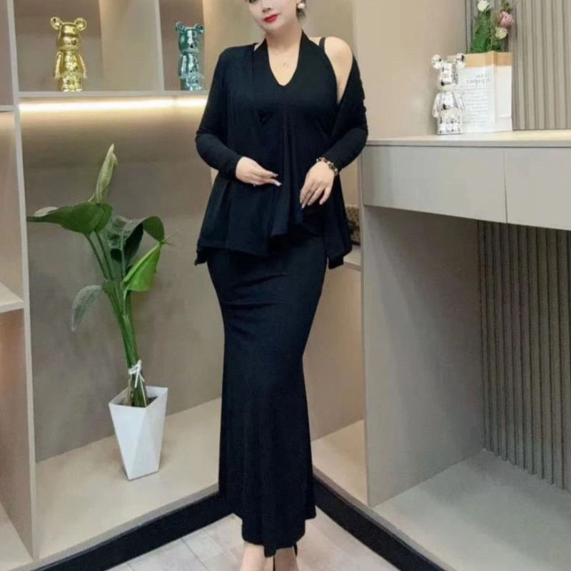 大码不规则长袖开衫外套上衣背心吊带秋季套装鱼尾半身裙三件套女|undefined