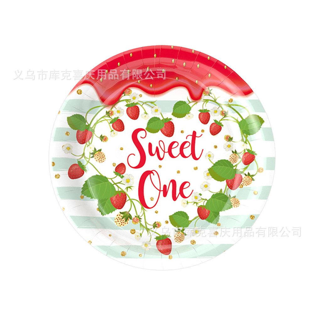 Amazon Spot Strawberry Theme Cumpleaños Fiesta Decoración Niños Años Bandeja de papel desechable Tira de papel Juego de bandera