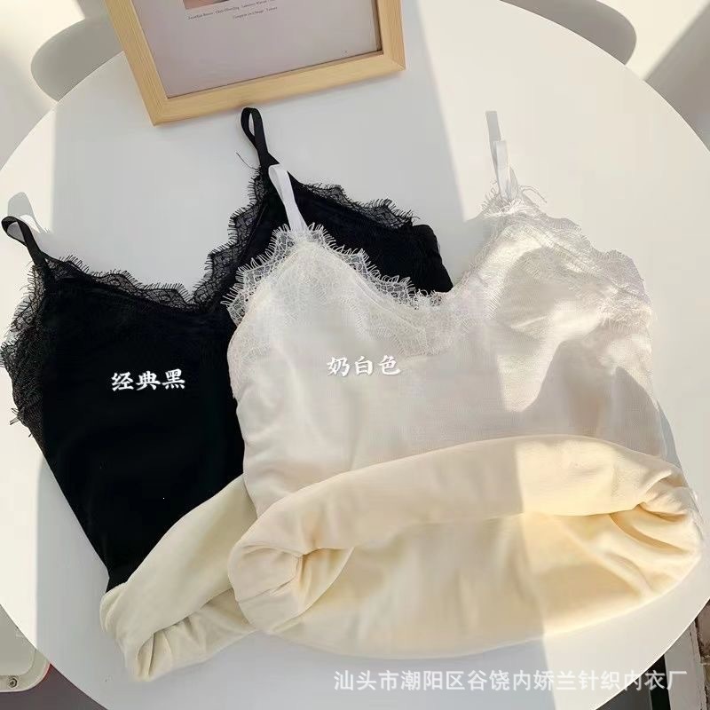 保暖蕾丝拼接吊带背心女 秋冬显瘦无袖打底内衣加绒加厚针织上衣