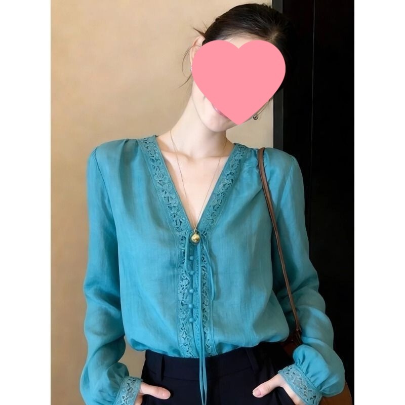 2026 New V-neck Peacock Blue Women's Long Sleeve Shirt, Spring Fashionable Light Luxury Elegant Top 2026 New V-neck Peacock Blue Women's Long Sleeve Shirt, Spring Fashionable Light Luxury Elegant Top