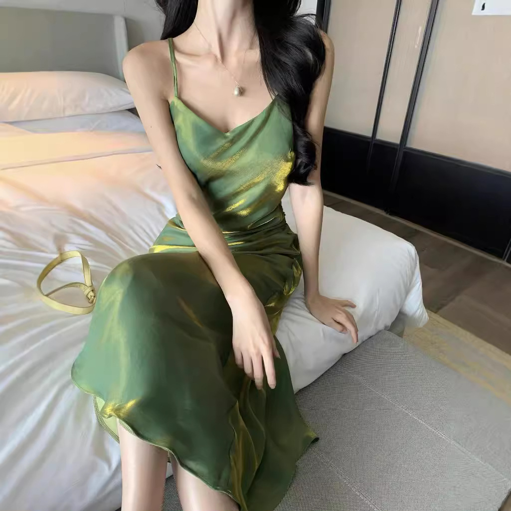 French Style High-end Sling dress Women's Summer Draped Banquet Evening Dress Acetate Satin Slim-fit Fishtail Dress