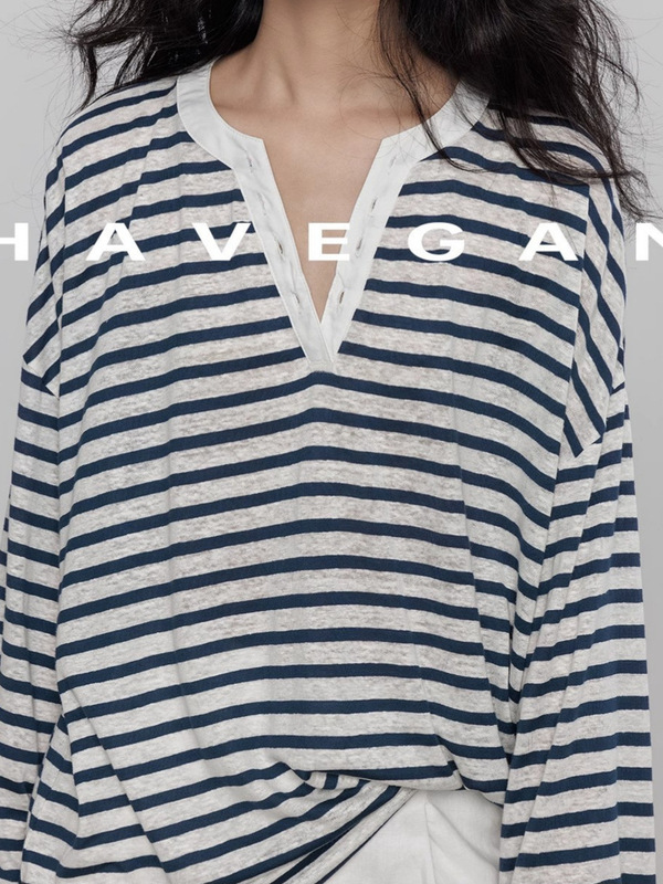 与间HAVEGAN/设计感v领亚麻条纹长袖T恤女夏季防晒薄款度假风上衣|undefined